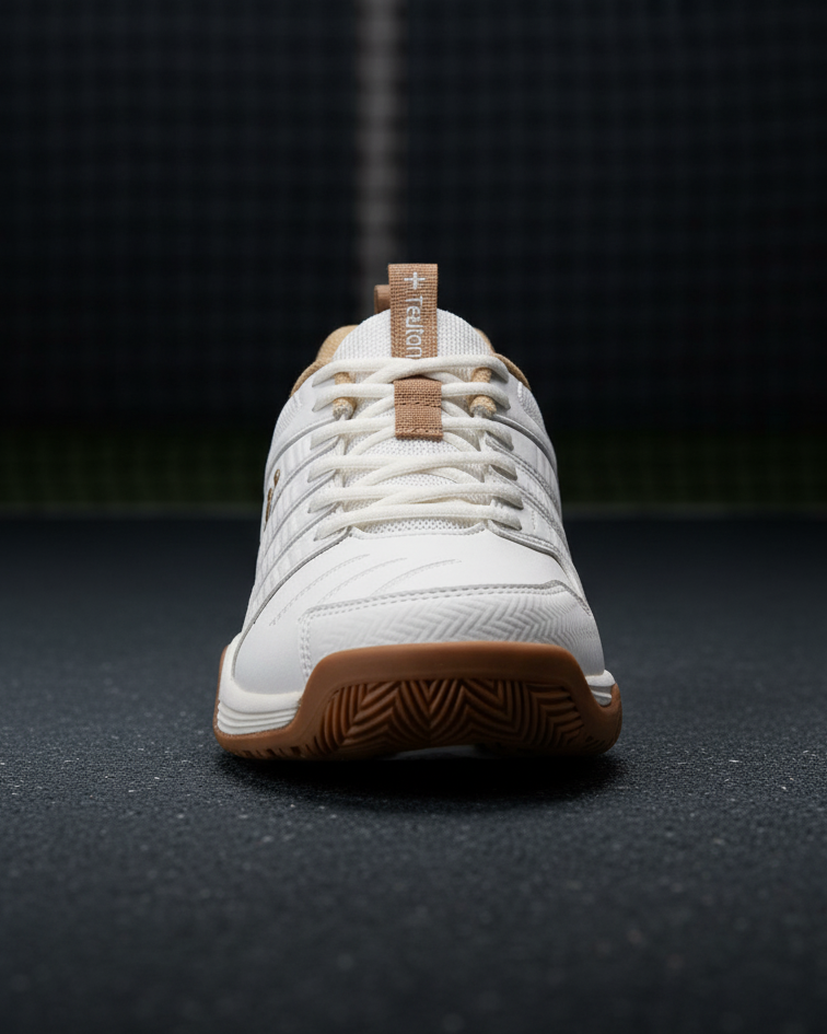 Teuton ST2 All Court shoe Light Grey - side profile on-court lifestyle shot