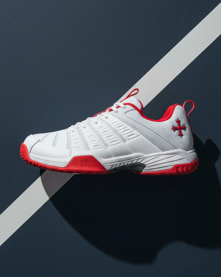 Teuton ST2 All Court shoe Light Grey - front on-court lifestyle shot